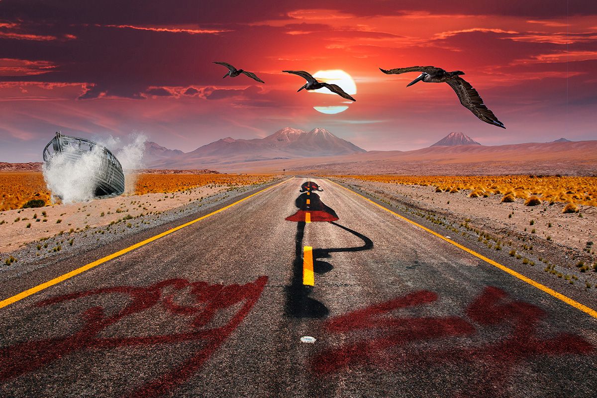 Graffitied Road with Red Sky, Birds, and Shipwreck Surrounded by Splashing Water